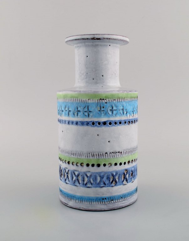 Bitossi vase in glazed ceramics. Beautiful glaze in light blue shades. Striped 
design. Mid-20th century.
