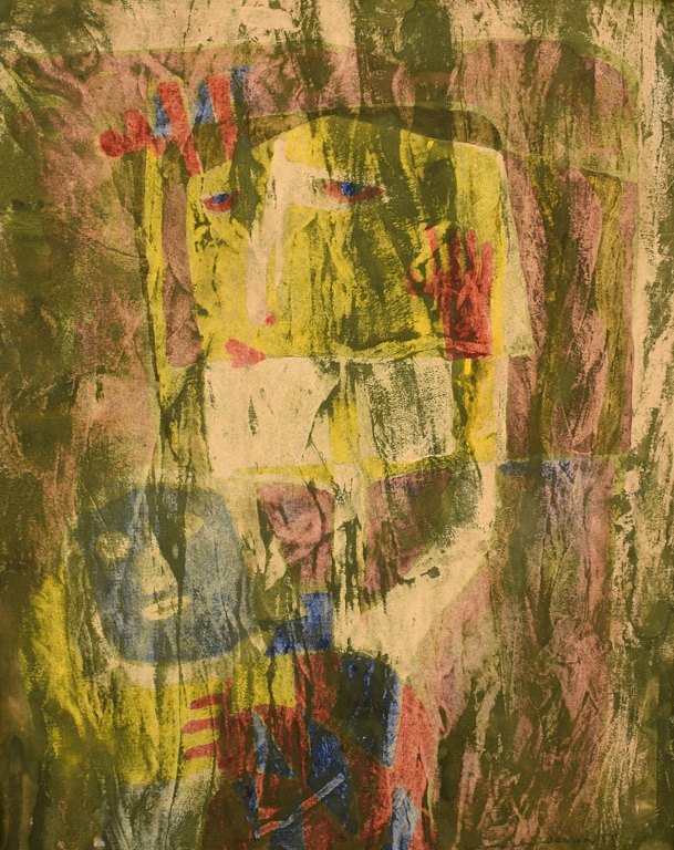 Lambert Werner (1900-1983), svensk kunstmaler. Mixed media på papir. "Flickan 
med dockan". Midt 1900-tallet.
