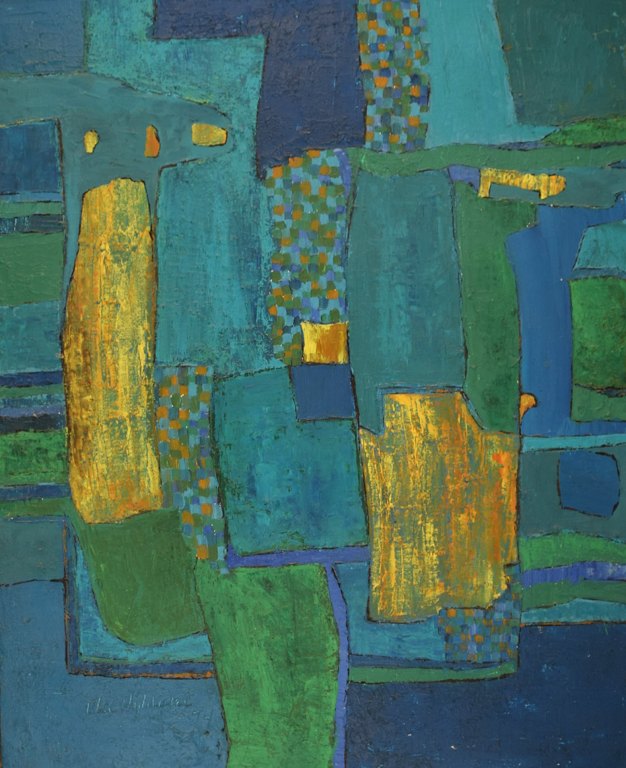 Else Hyldahl (b. 1930), Danish artist. Oil on canvas. Abstract composition. 
Dated 1974.
