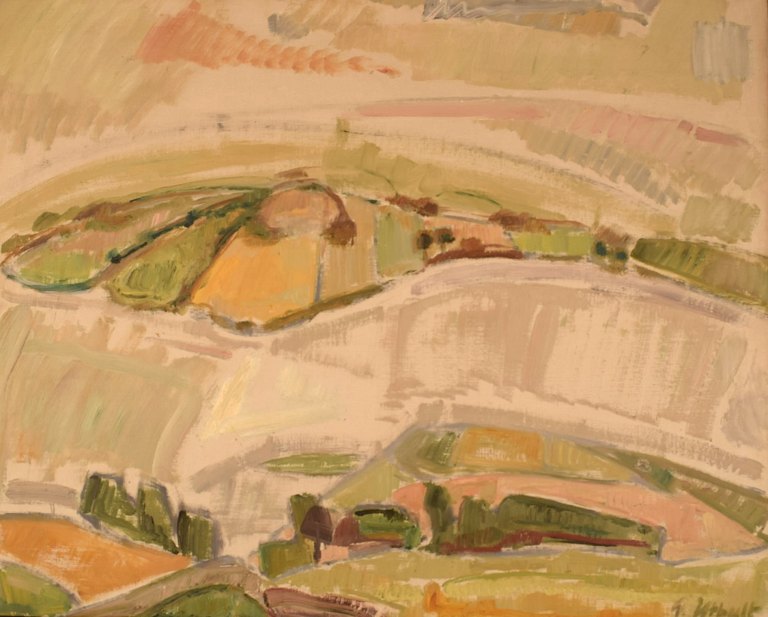 Greta Utbult (1914-2000), listed Swedish artist. Oil on canvas. Modernist 
landscape. Dated 1954.
