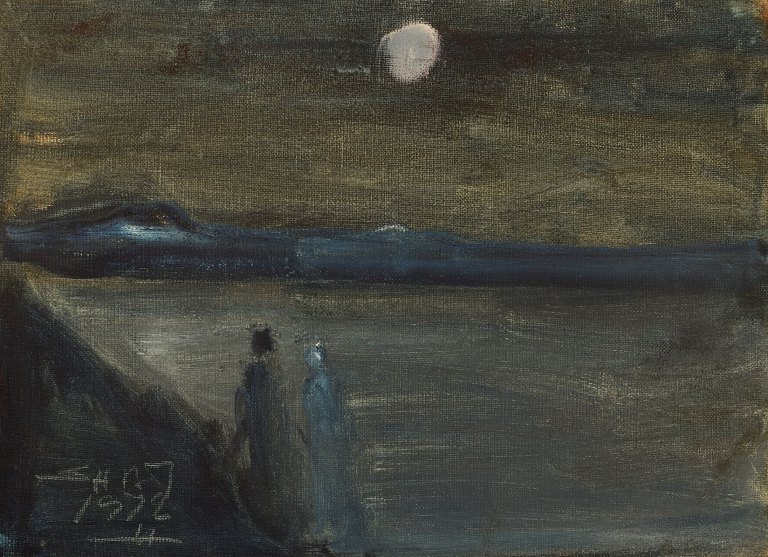 Svend Aage Tauscher (1911-1984), Danish artist. Oil on canvas. Modernist 
landscape with couple and moon in the background. Dated 1972.
