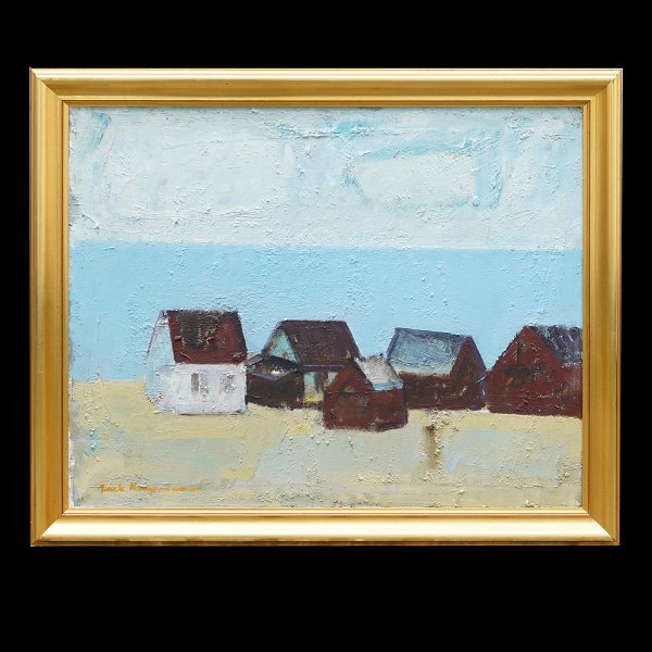 Jack Kampmann maleri Færøerne. Jack Kampmann, 1914-89, olie på lærred. Motiv fra bygd på Færøerne. Signeret. Lysmål: 64x80cm. Med ramme: 76x92cm