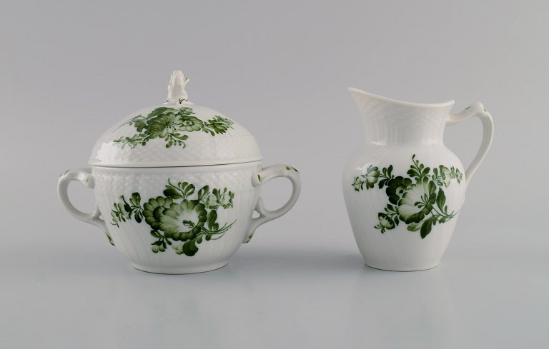 Royal Copenhagen Green Flower Curved. Sugar bowl and creamer.
