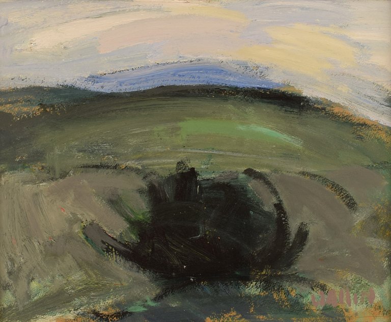 Helmer Wallin (1906-2004), Sweden. Oil on board. Modernist landscape. 1960s.
