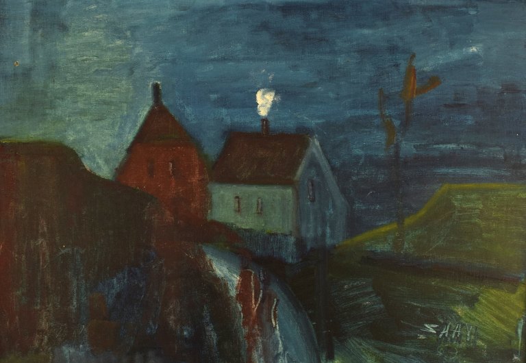 Svend Aage Tauscher (1911-1984), Dansk kunstner. Olie på lærred. Modernistisk 
landskab med huse. Dateret 1965.
