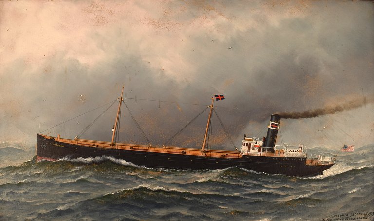 Antonio Jacobsen (1850-1921), danskfødt amerikansk marinemaler. Olie på plade. 
Skibsportræt af Ossabaw. Dateret 1909.
