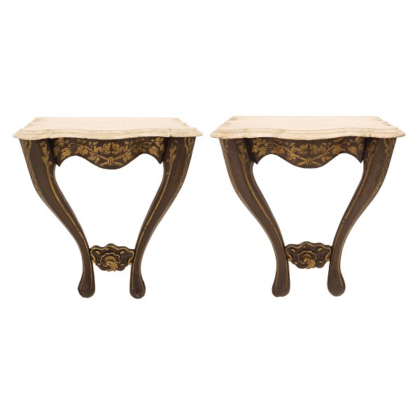 Pair of partly gilt Rococostyle console table with imitated marble wooden tops. Denmark circa 1850. H: 77cm. Top: 70x48cm