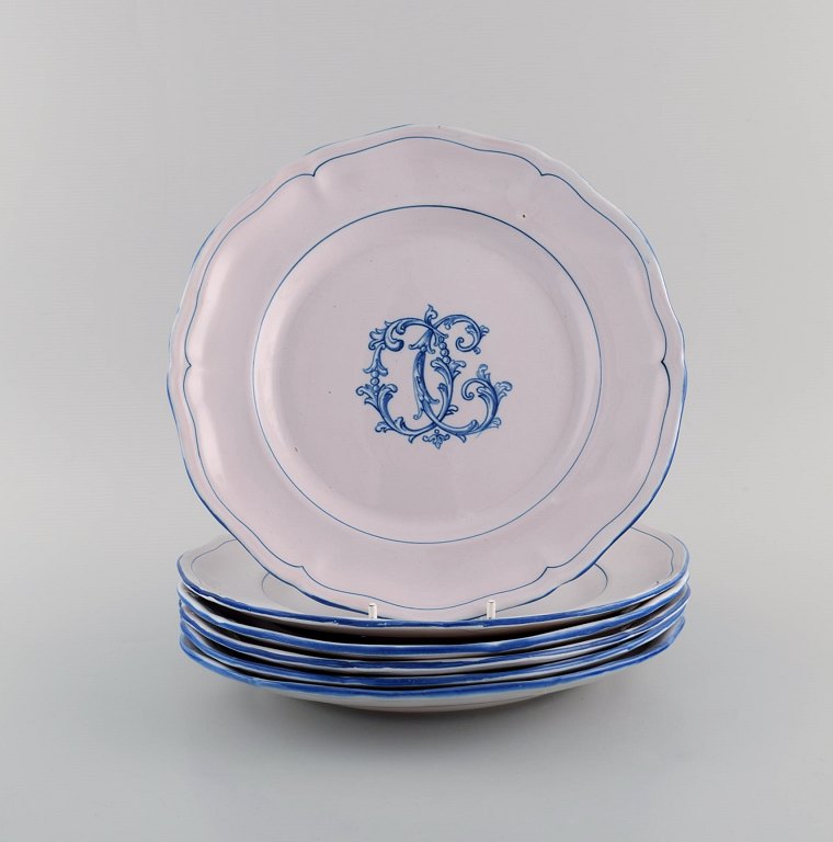 Emile Gallé for St. Clement, Nancy. Six antique plates in hand-painted faience. 
1870s / 80s.
