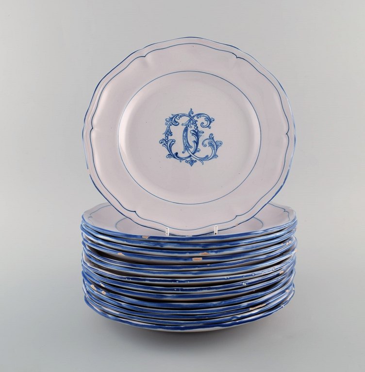 Emile Gallé for St. Clement, Nancy. 15 antique plates in hand-painted faience. 
1870s / 80s.
