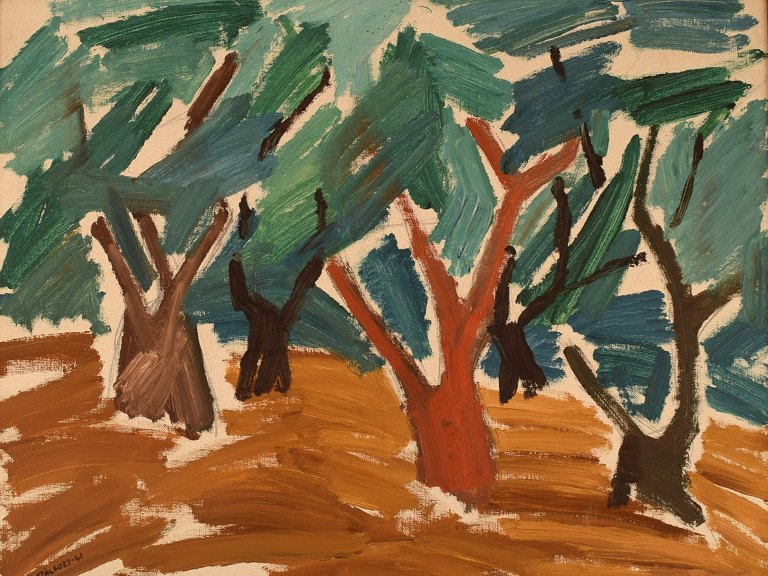 B. Stålfors, Swedish artist. Oil on canvas. Modernist forest landscape. Dated 
1961.
