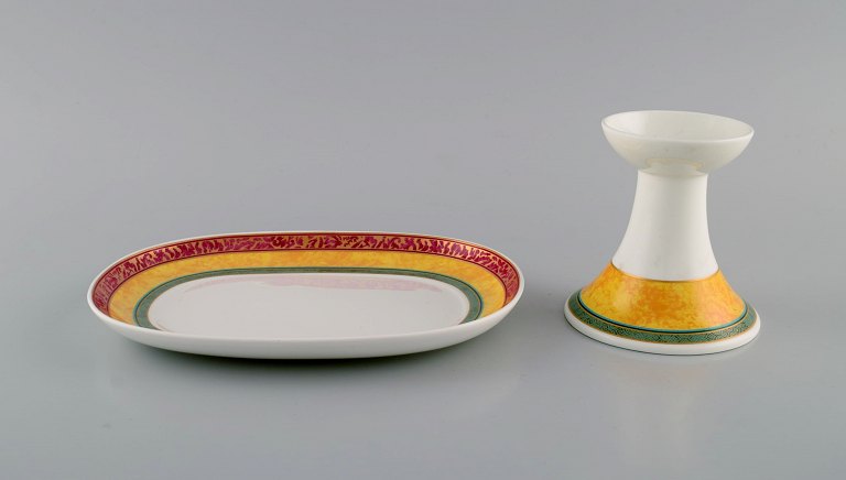 Paloma Picasso for Villeroy & Boch. "My way" dish and candlestick in porcelain. 
Colorful decoration. 1990s.
