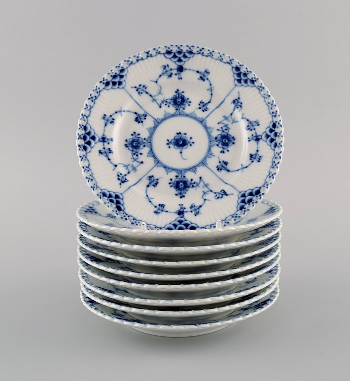 Nine Royal Copenhagen Blue Fluted Full Lace plates in porcelain. Model number 
1/1088.
