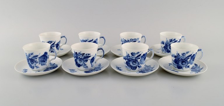 Eight Royal Copenhagen Blue flower Curved espresso cups with saucers. Model 
number 10/1546.
