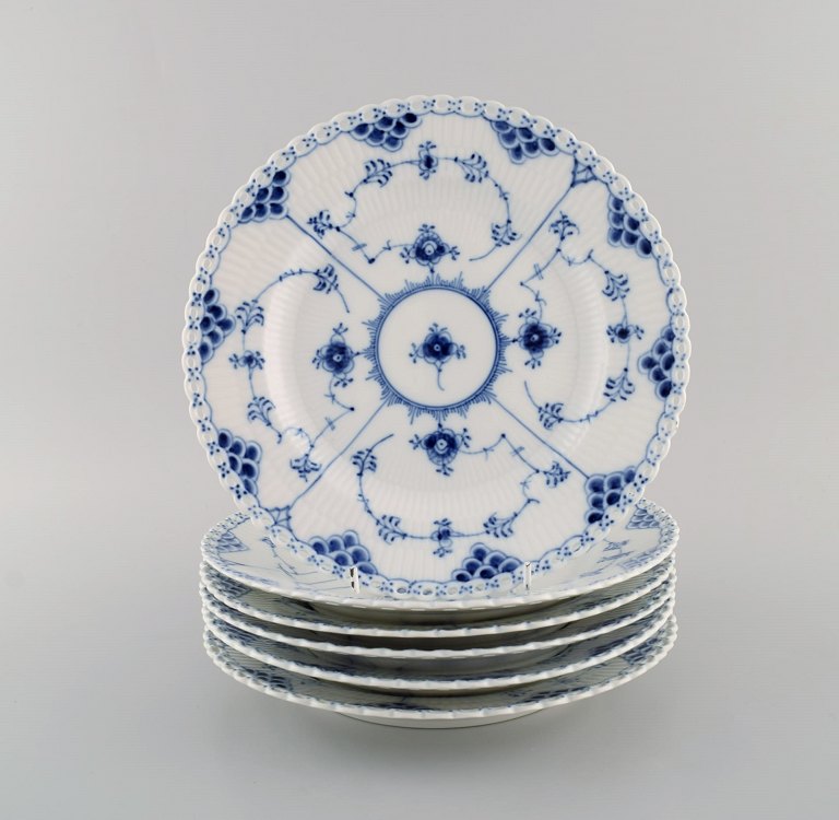 Six Royal Copenhagen Blue Fluted Full Lace Plates. Model number 1/1085.
