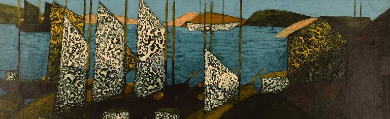 Sven Ahlgren (1922-1997), Sweden. Oil on board. Modernist landscape with fishing 
boats. Dated 1965.
