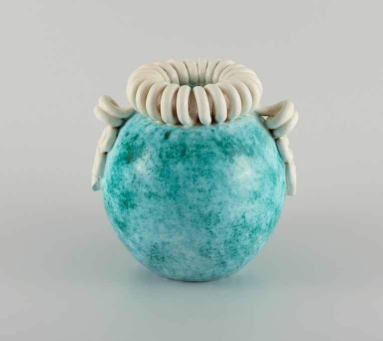 Gustave Asch (1836-1911) for Sainte Radegonde. Large round vase in turquoise 
glazed ceramic. France, early 1900s.