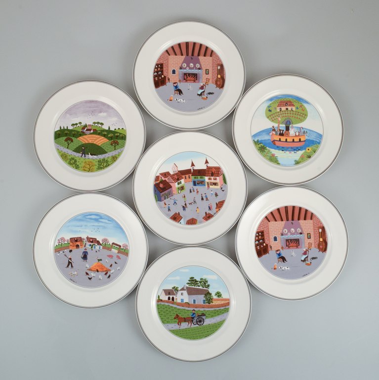 Villeroy & Boch Naif dinner plates in porcelain. A set of seven dinner plates 
decorated with naivist motifs.