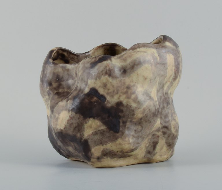 Christina Muff, Danish contemporary ceramicist (b. 1971). Unique stoneware vase with cream/black matte glaze. Hand modeled, and organically shaped.