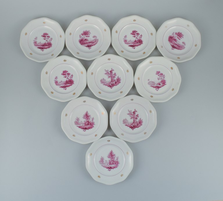 Rosenthal, a set of ten plates, hand painted in purple with landscape scenes.