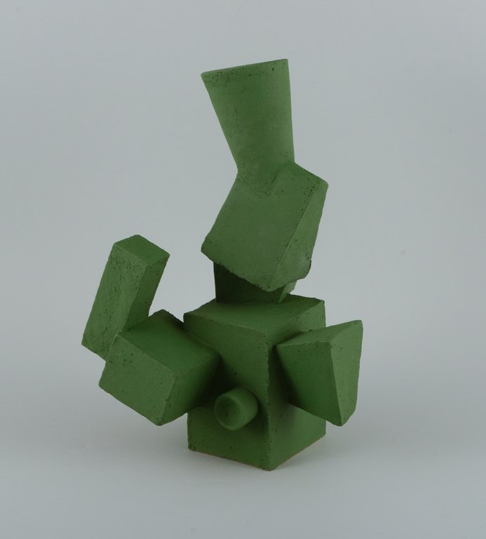 Christina Muff, Danish contemporary ceramicist (b. 1971).
Unique cubist stoneware sculpture in matte grass green glaze.