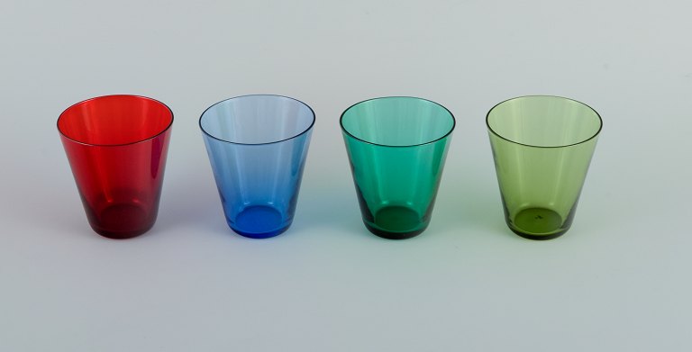 Lennart Rosén for Reijmyre, four colored "Lorry" vodka glasses.