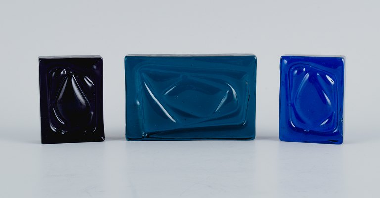 Scandinavian glass artist, three art glass reliefs with abstract motifs. Blue 
glass.