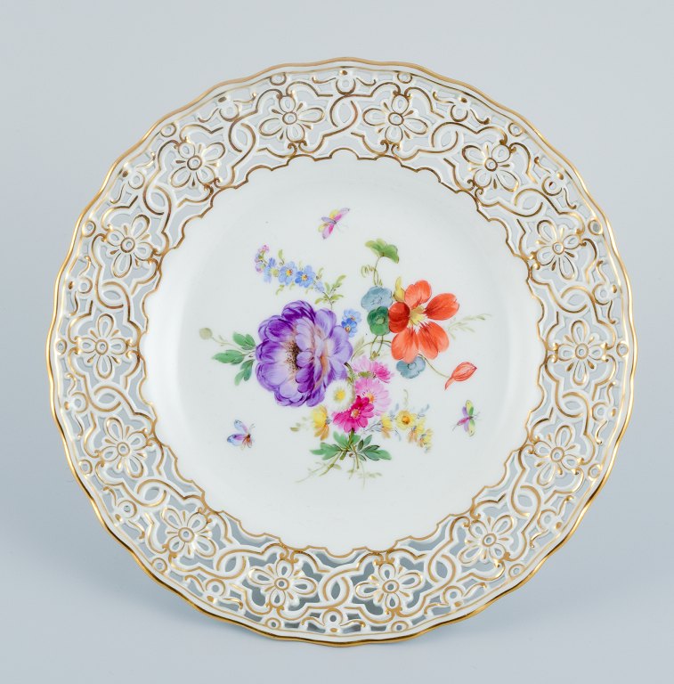 Meissen, Germany, openwork plate hand painted with flowers and butterflies.