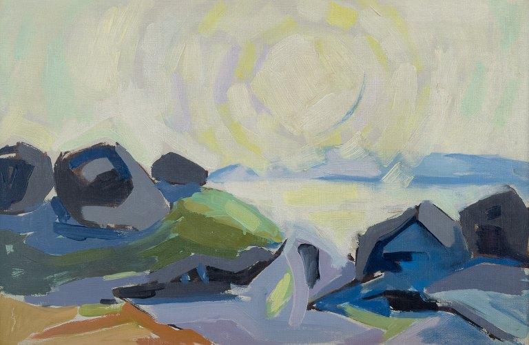 Ernst Grundtvig (1920-1994), Danish artist, modernist landscape with sunset from 
Grebbestad, Sweden.