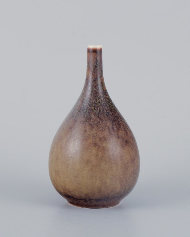 Carl Harry Stålhane for Rörstrand, small narrow-necked ceramic vase with glaze 
in green-brown tones.