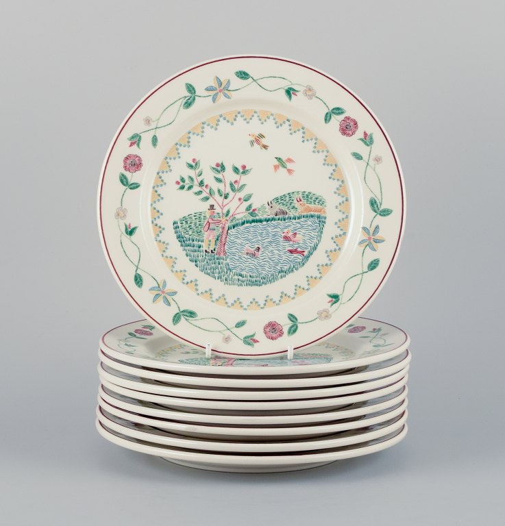 Villeroy & Boch, Luxembourg, a set of nine "American Sampler" porcelain plates 
decorated with landscape, ducks, fish, and sheeps.