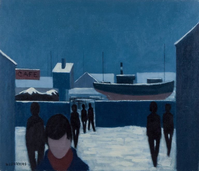 K. Westerberg, also known as Knud Horup, listed Danish artist, oil on canvas. 
Modernist style. Harbor scene with people.