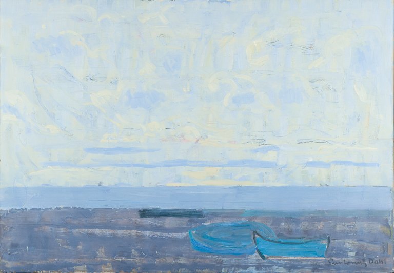 Peer Lorentz Dahl (1915-2005), Norwegian artist, oil on canvas.
Modernist beach scene with rowboats.