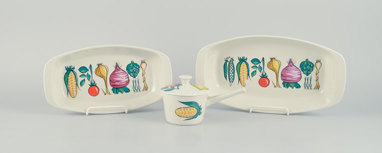 Villeroy & Boch, Luxembourg, three pieces of "Primabella" stoneware, including 
two dishes and a small casserole, featuring various vegetable motifs.
