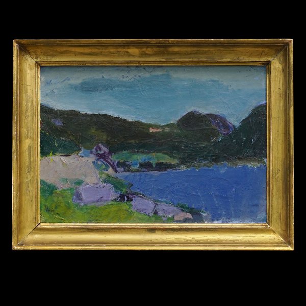 Sven Havsteen-Mikkelsen maleri Færøerne. Sven Havsteen-Mikkelsen, 1912-99, olie 
på lærred. Parti fra Færøerne. Bagside betegnet "Sommernat Vågø". Signeret. 
Lysmål: 37x54cm. Med ramme: 48x65cm_