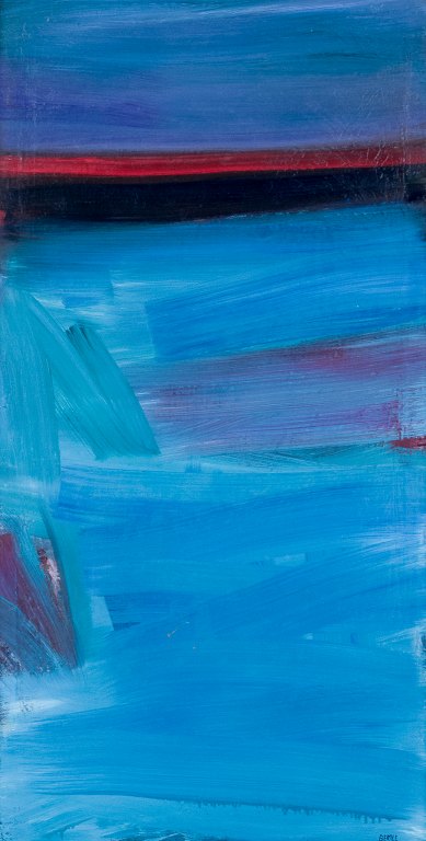 Lars Bertle, born in Helsingborg in 1925, listed Swedish artist. Oil on canvas.
"Norska Kusten" (Norwegian Coast). Modernist landscape. Coloristic palette.