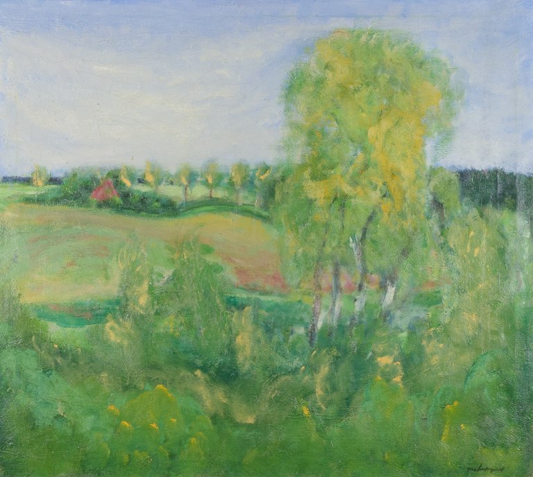 Jens Søndergaard (1895-1957), listed Danish painter. Modernist landscape.