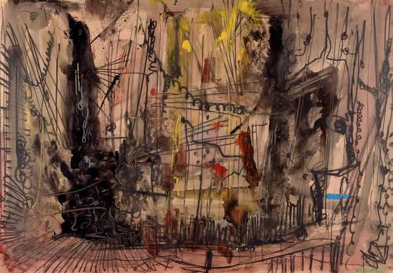 Hans Walter Sundberg (1922-2004), svensk kunstner. Olie på plade. Mixed media. 
Abstrakt komposition.