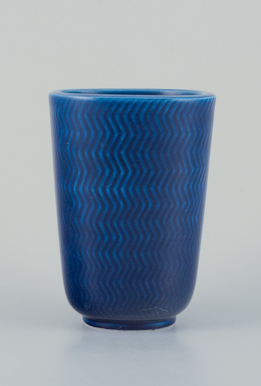 Nils Thorsson for Aluminia. "Marselis" faience vase in deep blue glaze with 
stylized pattern.