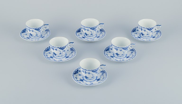Royal Copenhagen Blue Fluted Half Lace. A set of six coffee cups with  saucers.