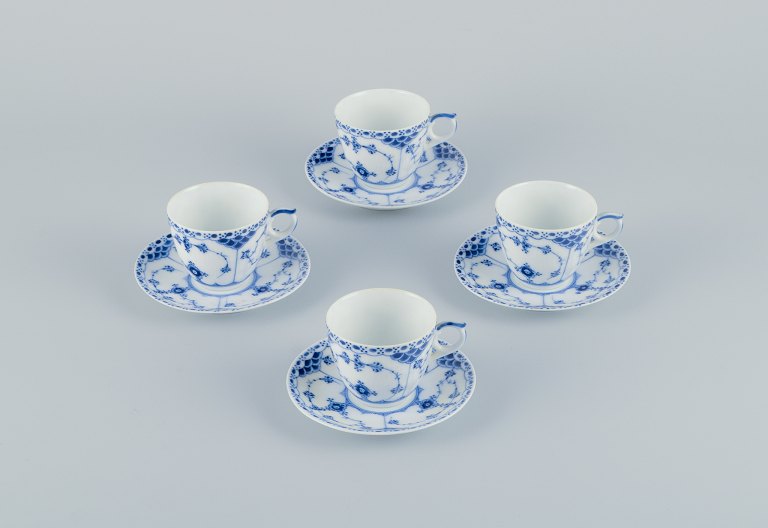 Royal Copenhagen Blue Fluted Half Lace. A set of four coffee cups with  saucers.