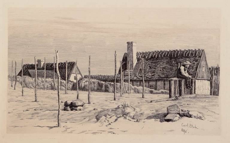 Carl Bloch (1834–1890). Etching of a seated fisherman with thatched houses in 
the background.