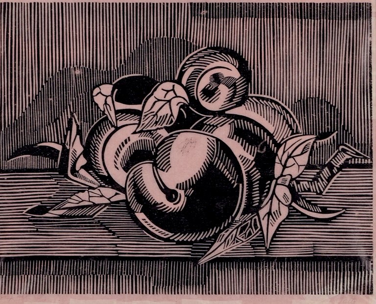Axel Salto. Woodcut on Japan paper. 
Composition with arranged apples.