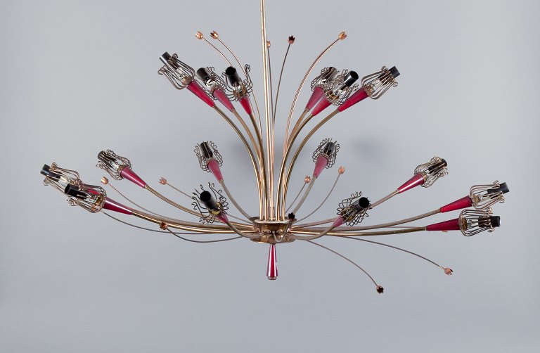 Emil Stejnar for Rupert Nikoll. Colossal chandelier for 16 bulbs, brass and 
burgundy plastic flower buds.