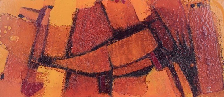 Leif Tingkær, Danish painter. Oil on panel. Abstract composition in yellow and 
orange tones.