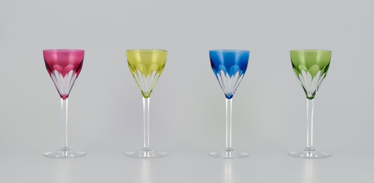 Val St. Lambert, Belgium. Four red wine glasses in faceted crystal.