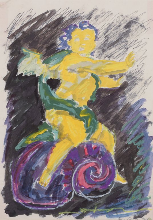 Nina Kleivan, norsk-dansk kunstner, født 1960. Gouache på papir.
Motiv af putti. Ekspressive strøg.