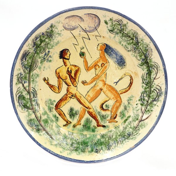 Signed and 1919 dated unique Jais Nielsen stoneware plate. Adam & Eve. D: 34,5cm