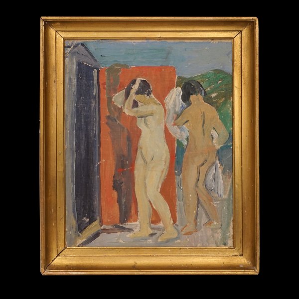 Axel P Jensen, 1886-1972, oil on plate. Two showering women. Visible size: 
36x28cm. With frame: 44x36cm