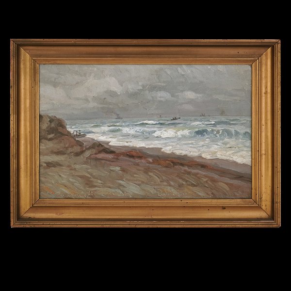 Maleri Skagen. Hans Gyde Petersen, 1862-1943, olie på lærred. Motiv i form af 
Skagen strand. Signeret og dateret "Skagen d. 20. April 09". Lysmål: 28x42cm. 
Med ramme: 39x53cm