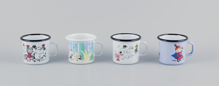 Muurla, Finland. 
Four enamel mugs with different motifs from the Moomin troll universe.
